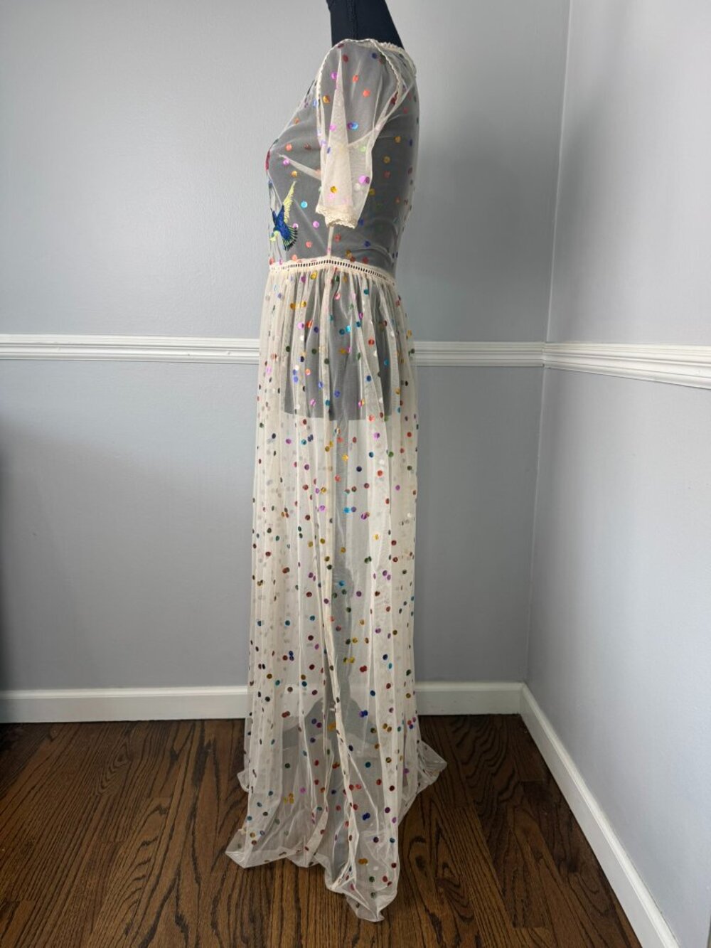 Frock & Frill Sx 4 Floral Bird Embroidered Maxi Dress Allover Rainbow Polka Dot - Picture 3 of 9